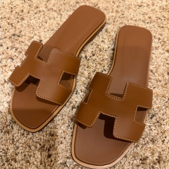 Hermes Tan Brown Oran H Slide Leather Sandals - Picture 6 of 12